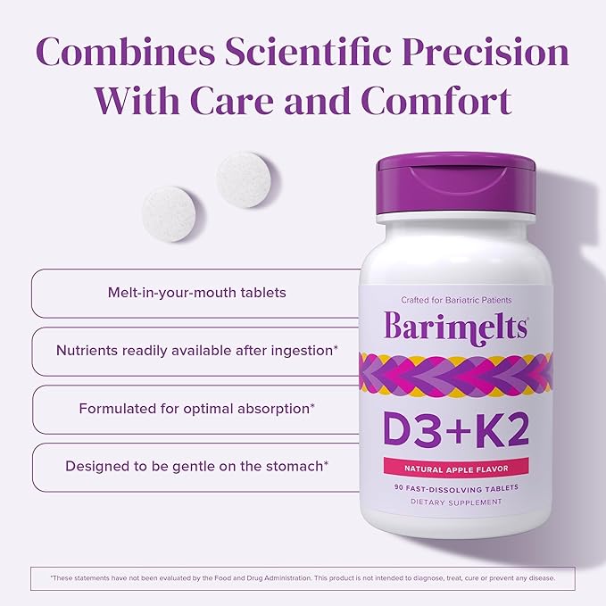 BariMelts Vitamin D3 K2-90 Fast-Dissolving Tablets (3-Month Supply) - Bariatric Vitamins for Women with Vitamin D3 5000 IU and K2 as MK-7 Natural Apple Flavor