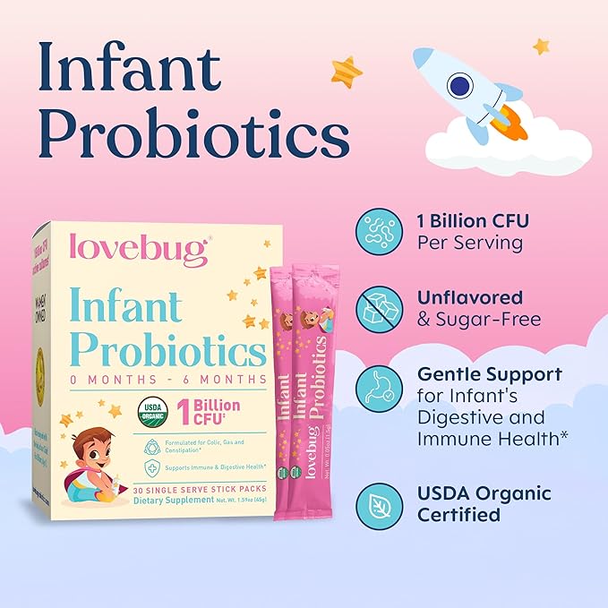 LOVEBUG Infant Probiotics 0-6 Months - USDA Organic Probiotics for Babies Supports Baby Gas Colic Reflux Diarrhea and Newborn Constipation Relief Allergen &amp Sugar Free Tasteless Powder 30 P