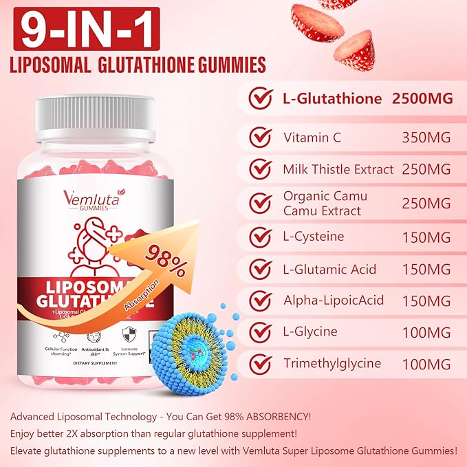 2 Packs 2500MG Liposomal Glutathione Gummies 2X Absorption Liposomal Glutathione for Women-Complex L-Cysteine Antioxidant Skin &amp Liver Support Strawberry Flavor 120 Count