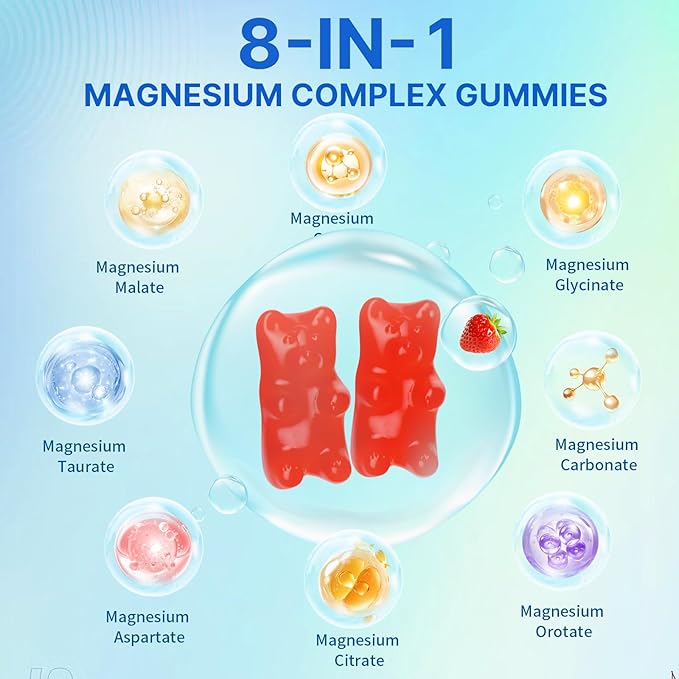 Magnesium Complex Gummies for Women Men 8 in 1 Magnesium Glycinate Citrate Malate Taurate Supports Bones Muscle Nerve Health Sugar-Free Vegan Non-GMO Strawberry Flavor 120 Count