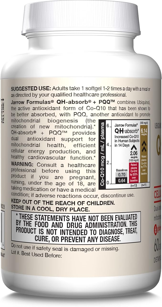 Jarrow Formulas® QH-Absorb® + PQQ Dietary Supplement Antioxidant Support for Mitochondrial Biogenesis Cellular Energy Production and Cardiovascular Health 60 Softgels 60 Day Supply
