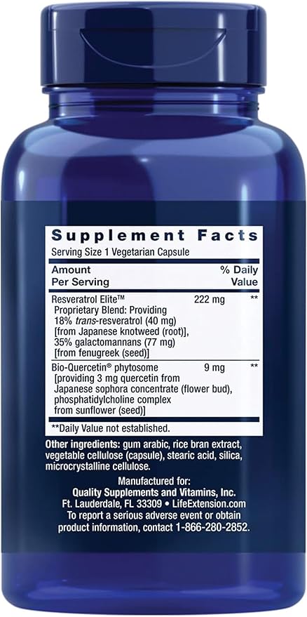 Life Extension Optimized Resveratrol Elite Trans-resveratrol quercetin Healthy Aging Heart Health Brain Health oxidative Stress Gluten-Free Non-GMO Vegetarian 60 Capsules