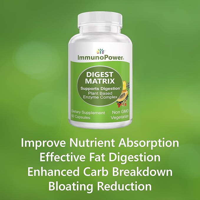 Digest Matrix with 18 All-Natural Enzymes. Breakdown Carbs Protein Fiber &amp Lactose Bloating Relief Aids Digestion Comfort. Non-GMO Vegetarian 60 Capsules