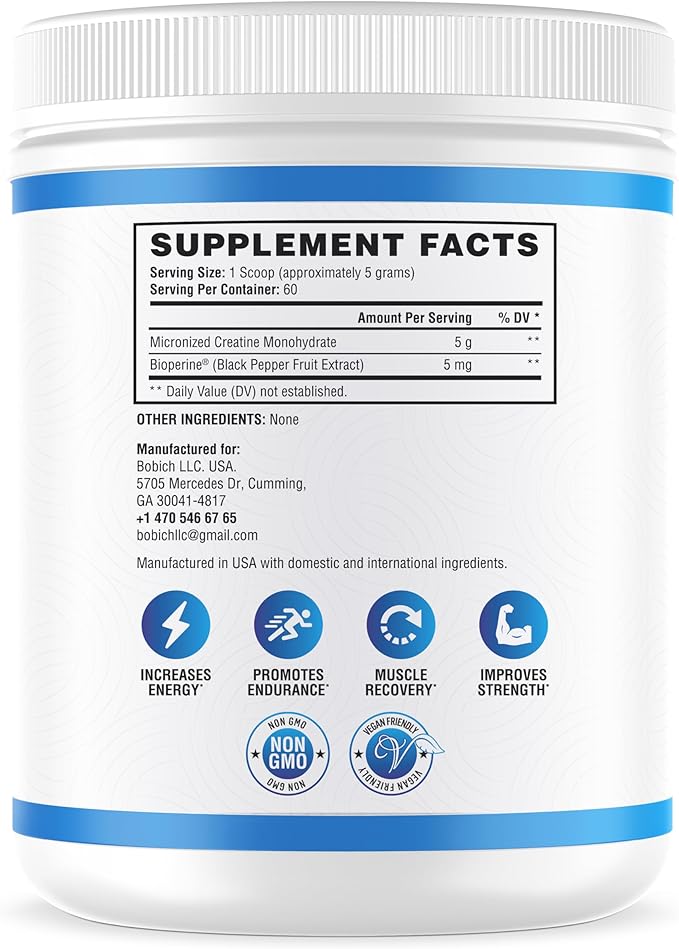 NutraScience Creatine Monohydrate Powder with BioPerine Supports Lean Muscle Growth and Recovery 60 Servings 5000mg Per Serving Unflavored GMP sertified Vegan Friendly Non GMO