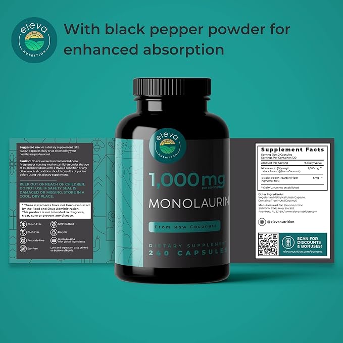 Monolaurin 1000mg Capsules — Made with Pure Glycerol and Lauric Acid from Raw Coconut — Natural Vegans- Non-GMO and Soy Free — 240 Capsules