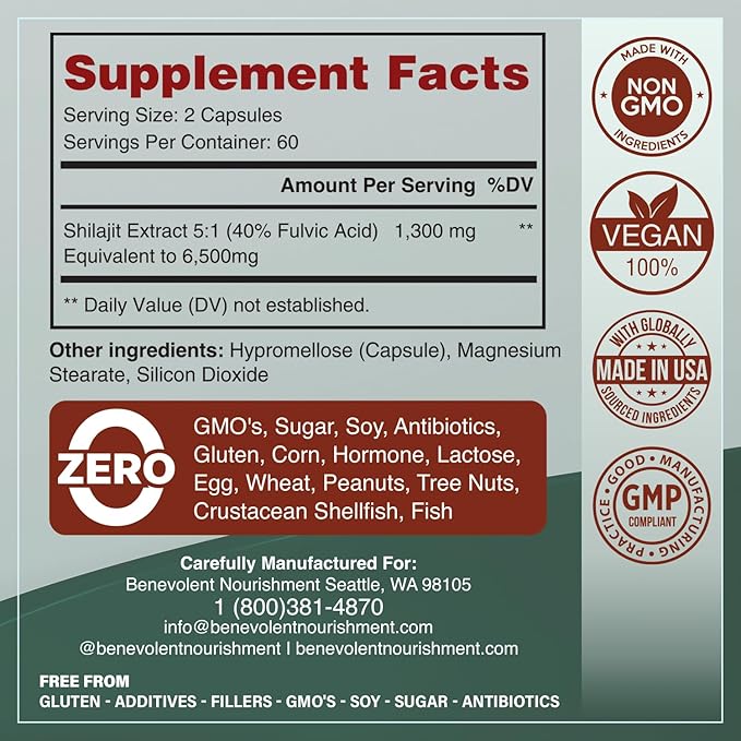 6500mg Shilajit for Men with 40% Fulvic Acid (High Absorption) | Shilajit Mineral Supplement with 85+ Trace Minerals for Energy Performance &amp Immune Health - 120 Capsules