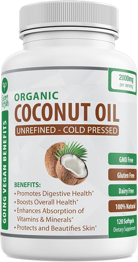 Organic Coconut Oil Capsules 2000mg - 100% Extra Virgin Cold Pressed for Healthy Skin Extra Hair Growth Nail Care Brain Booster - 120 Softgels - Unrefined Pure &amp Non GMO Pills - Rich in MCT