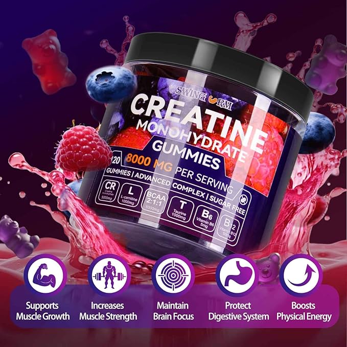 Swing Arm Creatine Monohydrate Gummies 8000 mg for Men &amp Women 120 Creatine Gummies for Muscle Growth Strength &amp Recovery Sugar Free Pre-Workout Supplement - Raspberry &amp Blueberry Flavo