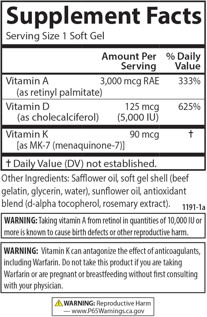 Carlson - Vitamins A D3 K2 3000 mcg RAE Vitamin A 125 mcg Vitamin D3 90 mcg Vitamin K2 as MK-7 Bone Building Calcium Utilization 120 Soft Gels