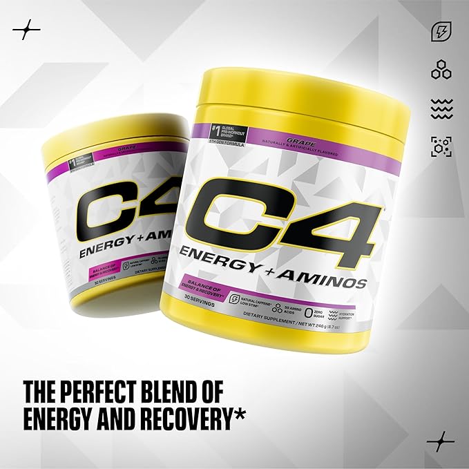 C4 Energy + Aminos Powder 5g BCAAs &amp EAAs for Muscle Recovery 3 Electrolytes for Hydration 100mg Natural Caffeine Pre Workout Zero Sugar 30 Servings Grape