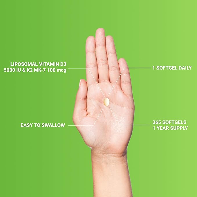 UpNourish Liposomal D3 K2 MK-7 – 365 Mini softgels with Organic Coconut Oil - 5000 IU 125 mcg Vitamin D3 and 100 mcg Vitamin k2 for Optimal Bone and Immune Health