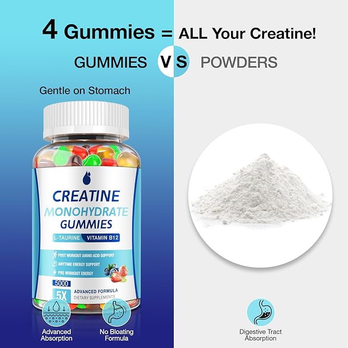 Creatine Gummies for Men &amp Women - Creatine Monohydrate Gummies 5g Muscle Builder Energy Boost &amp Pre-Workout Supplement Low Sugar Taurine Chewable Gummy 2 Pack