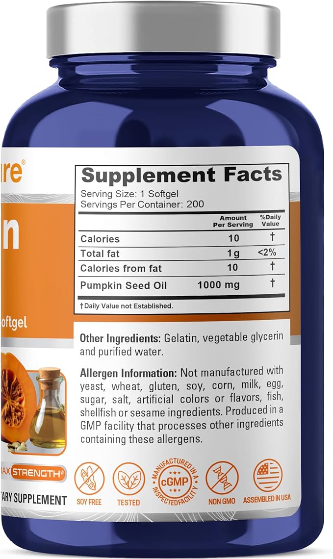 NusaPure Pumpkin Seed Oil 1000mg 200 Softgel Capsules (Non-GMO Soyfree) Naturally Occurring Phytosterols