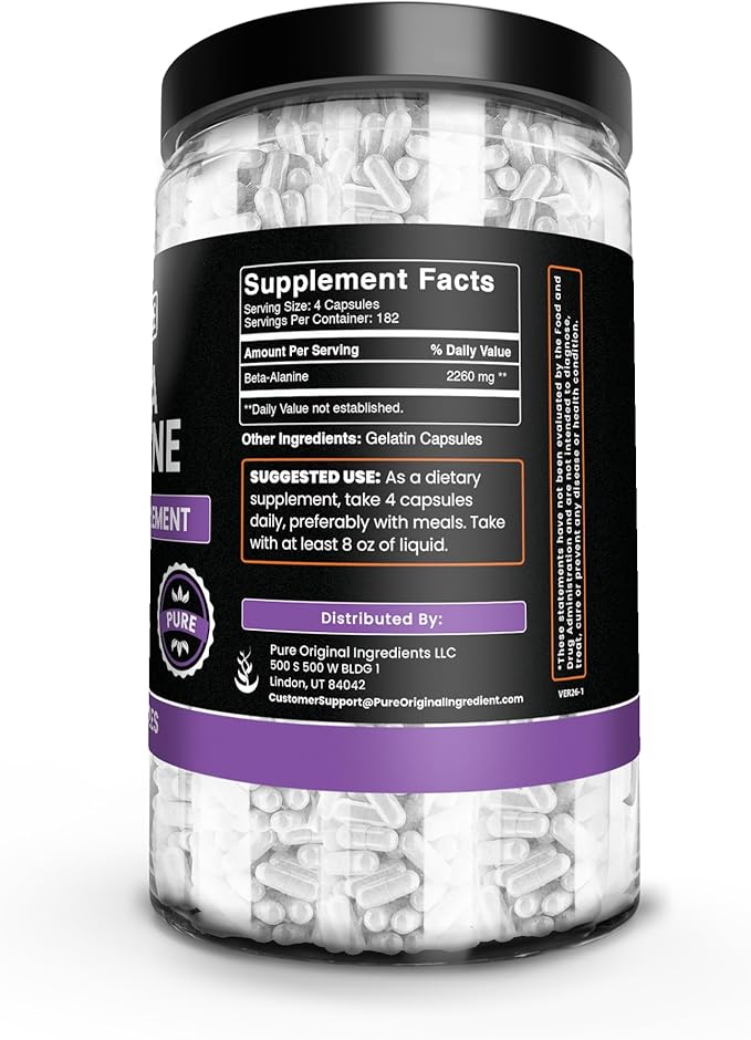 Pure Original Ingredients Beta Alanine (730 Capsules) Always Pure No Additives Or Fillers Lab Verified