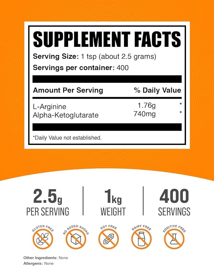 BulkSupplements.com AAKG Powder - Arginine AKG Supplement Nitric Oxide Supplement Unflavored &amp Gluten Free 2.5g per Serving 1kg (2.2 lbs) (Pack of 1)