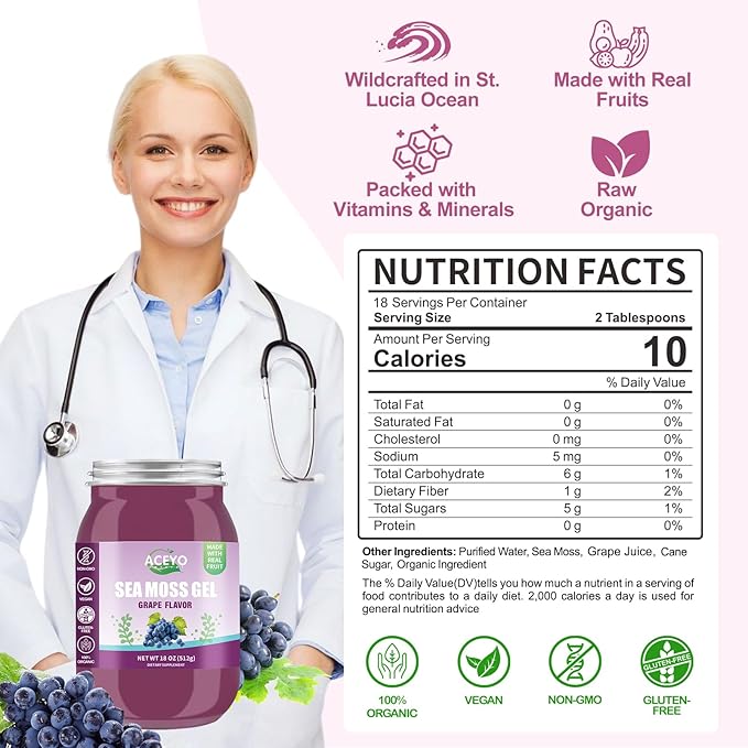 (18 OZ) Irish Sea Moss Gel Organic Raw Vegan Grape Flavor 102 Vitamins and Minerals Wild Harvested Non-GMO Immune Defense Booster Thyroid Digestive Support