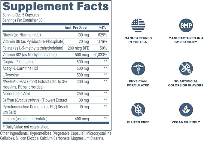 Revive MD Brain Supplement for Memory &amp Focus – Stimulant-Free Nootropic Formula for Cognitive Health with Niacin Vitamins B6 &amp B12 Acetyl-L-Carnitine HCL &amp Alpha-GPC – 150 Capsules (30