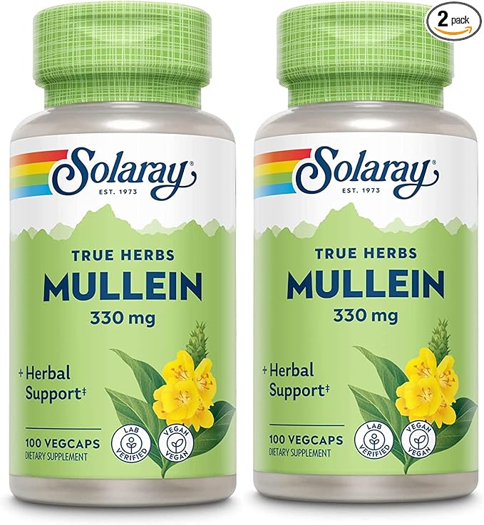 SOLARAY Mullein Leaf Herbal Support for Healthy Respiratory and Bronchial Function 330mg Vegan 100 Servings 100 VegCaps (Pack of 2)