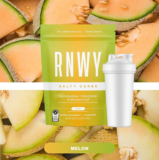 Salty Carbs Electrolyte Drink Mix 30g Dual-Action Carbs + 700mg Sodium Endurance Fuel for Runs Rides and Races Gluten-Free Dairy-Free Non-GMO (30 Servings Melon)