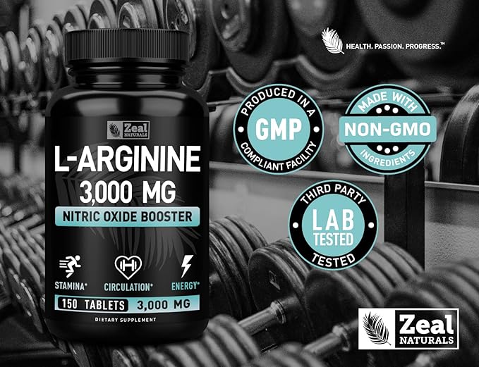 Zeal Naturals L-Arginine Supplement - 3000mg 150 Tablets | Nitric Oxide Booster | L Arginine Supplement for Men &amp Women | Support Energy Circulation Muscle Growth