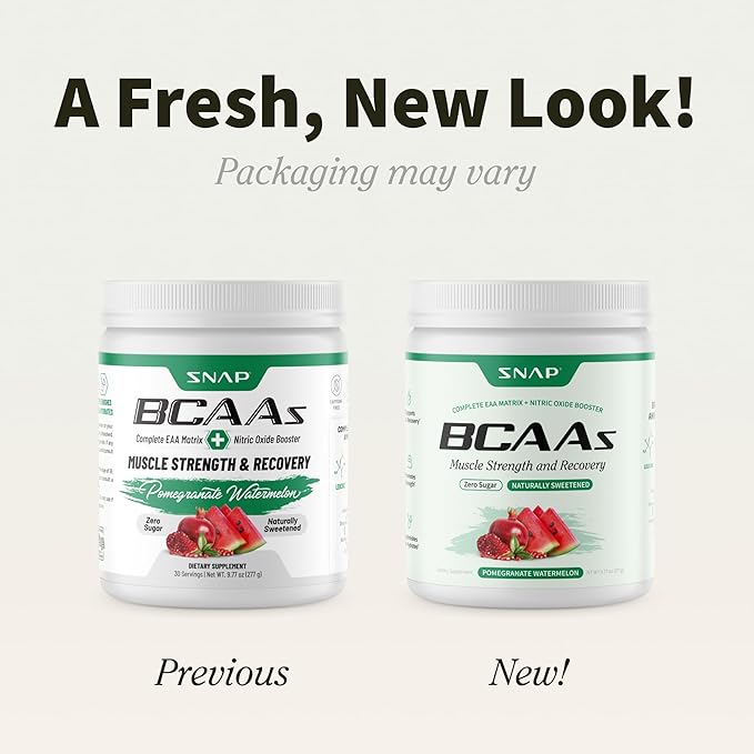 Snap Supplements BCAA Powder - 5g Vegan Branched Chain Amino Acids (2:1:1 Leucine Isoleucine Valine) + Essential Amino Acids with Nitric Oxide Booster 30 Servings Pomegranate Watermelon