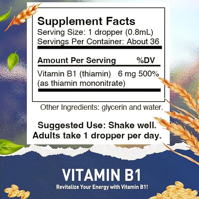 Vitamin B1 (Thiamine) Drops - High Potency Thiamine Vitamin B1 Extract - Vegan Alcohol-Free Non-GMO Vitamin Liquid - Maintain Nervous System Health Support Digestion &amp Boost Energy 1 Fl Oz.