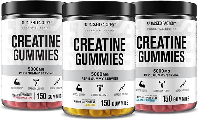 Jacked Factory Creatine Monohydrate Gummies 5g Daily Dose - Creatine Gummy for Men and Women Vegan-Friendly Travel-Friendly Third-Party Tested - 150 Gummies - Blue Raspberry Watermelon &amp Lemo