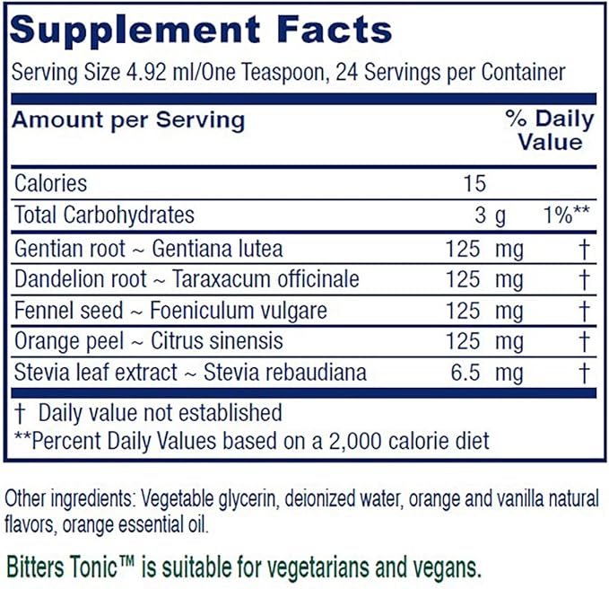 Vitanica Bitters Tonic Liquid Digestion Supplement Digestion Support Alcohol Free Vanilla Orange Vegan 4 Ounce
