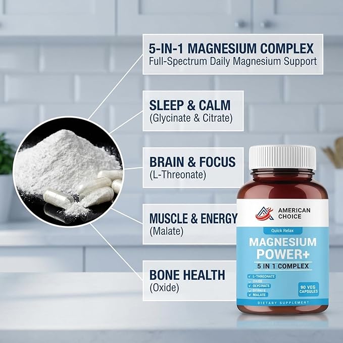 Magnesium Power+ 5-in-1 Magnesium Complex with L-Threonate for Brain Health &amp Focus | Glycinate Citrate Malate for Sleep Calm &amp Muscle Recovery | 200mg for Women and Men | 90 Veggie Capsule