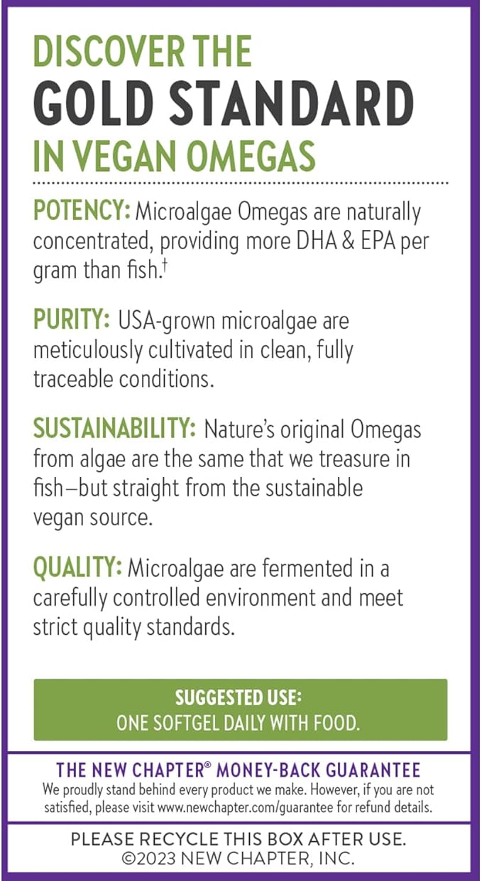 New Chapter Vegan Algae Oil DHA EPA and DPA Supplement - Vegan Omega-3 Complex for Heart Brain Eye &amp Joint Support - 30 Softgels