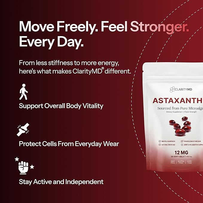 Astaxanthin 12mg Antioxidants Supplement – Natural Microalgae Source – Lipid-Based Softgel for Enhanced Absorption – Cognitive Vision &amp Joint Support – 30 Softgels (Pack of 1)