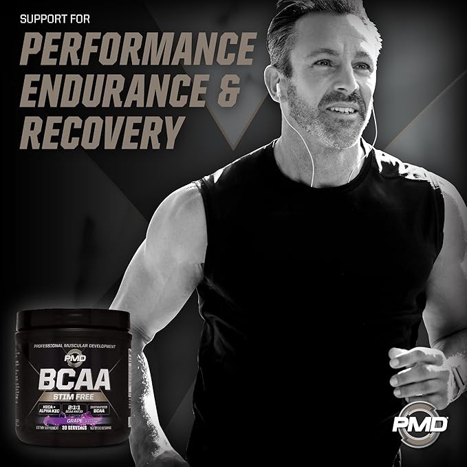 PMD Sports BCAA Stim-Free Amino Acids - Better Workout Performance Enhanced Recovery Daily Energy Muscle Builder and Muscle Sparing - BCAA Powder Drink Mix - Grape (30 Servings)