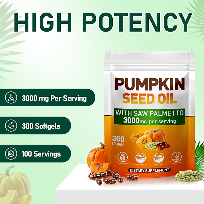 Pumpkin Seed Oil with Saw Palmetto Cold-Pressed 300 Softgels Hair Growth Radiant Skin Urinary &amp Prostate | Rich in Fatty Acids &amp Phytosterols | Pure &amp Natural Non-GMO