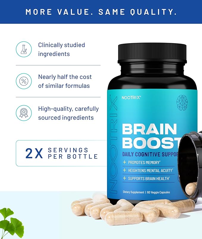 Nootrix Brain Boost Nootropic Supplement | Supports Memory Mental Focus Cognitive Health &amp Energy | Promotes Healthy Mood &amp Brain Function | Ginkgo Biloba &amp DMAE | 180 Capsules