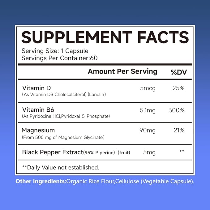 Magnesium Glycinate High Absorption Magnesium Complex with Vitamin D3 &amp B6 Supports Relaxation Muscle Function &amp Heart Health Vegan Non-GMO 60 Capsules