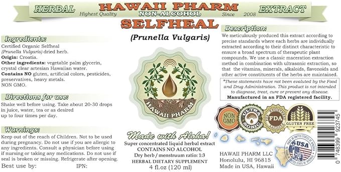 Hawaii Pharm Selfheal Alcohol-Free Liquid Extract Professional Grade Small Batch Crafted Selfheal (Prunella Vulgaris) Dried Herb Glycerite Natural Herbal Supplement 15x4 fl.oz