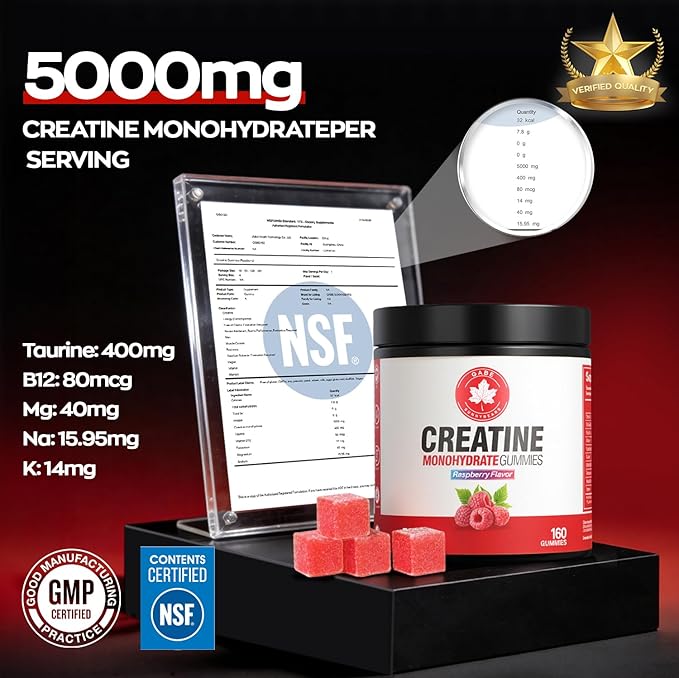 Creatine Gummies NSF Certified 5g Creatine Monohydrate per Serving with Taurine &amp B12 Raspberry Flavor 160 Count for Men &amp Women