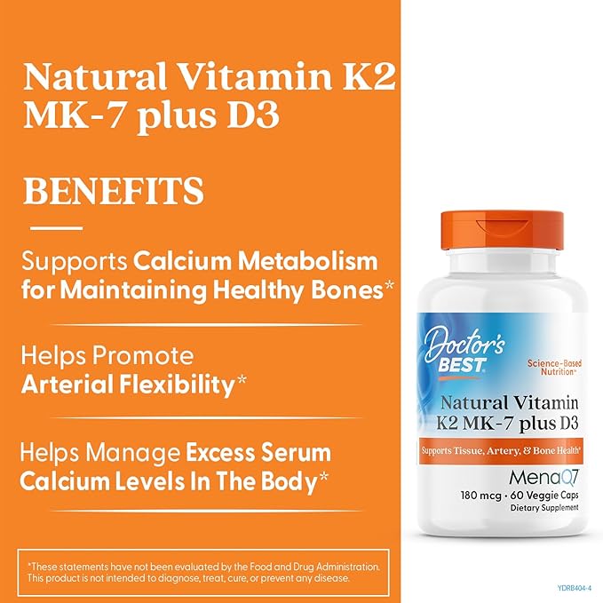 Doctor's Best Natural Vitamin K2 MK-7 Plus D3 - VIT D3 and K2 MK7 Supplement for Men &amp Women Supports Tissue Artery &amp Bone Health Non-GMO Gluten Free Soy Free Vegetarian - 60 Veg Caps