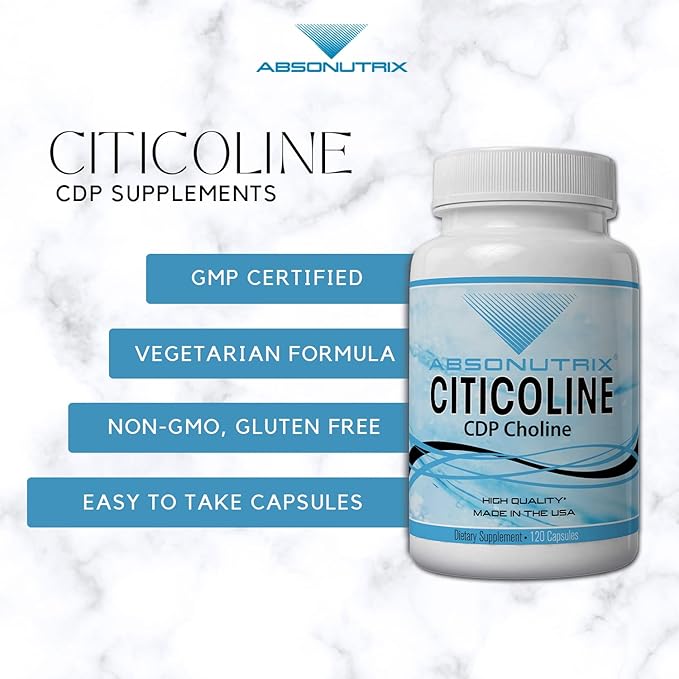 Absonutrix Citicoline CDP Choline 530mg Nootropic Supplement GMP Certified Third-Party Tested Easy to Swallow 120 Veg caps Improves Cognitive Skills Supports Memory Non-GMO Made in USA