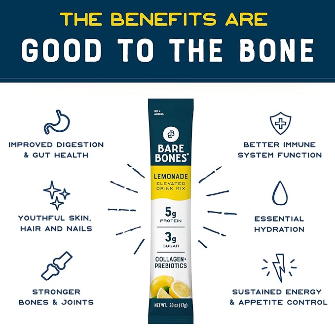 Bare Bones Lemonade Elevated Drink Mix | Light &amp Flavorful | Gluten-Free &amp Naturally Sweetened | On-the-Go Stick Single-Serve Packs Powdered Refreshment | 5g Protein | 16 Packets (.60 oz)