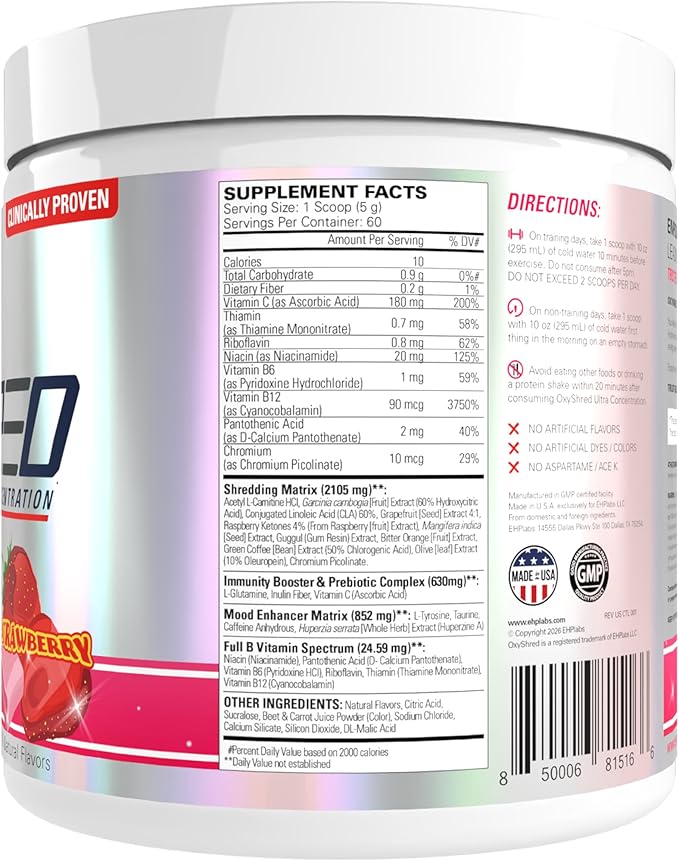 EHP Labs OxyShred Pre Workout Powder - Preworkout Powder with L Glutamine &amp Acetyl L Carnitine Energy Boost Drink - Cosmic Blast 60 Servings