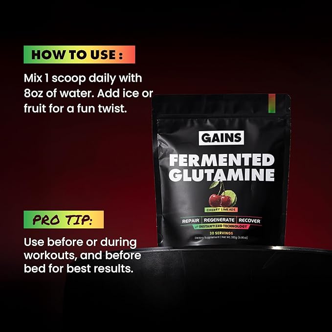 Gains in Bulk L-Glutamine Gluten Free Glutamine Powder for Muscle Recovery and Growth Post Workout Support Amino Acid Supplement Promotes Protein Synthesis Non GMO Cherry Limeade 30 Servings