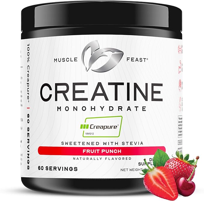 Muscle Feast Creapure Creatine Monohydrate Powder Vegan Keto Friendly Gluten-Free Easy to Mix Muscle Recovery Supplement Creatine for Muscle Growth Flavored Creatine Natural Fruit Punch 300g