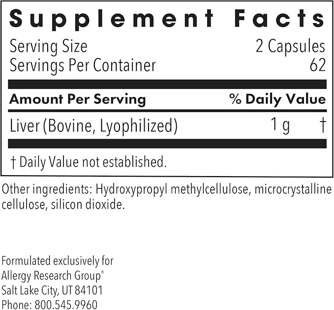 Allergy Research Group Beef Liver Supplement - Liver Function Support Grass-fed Beef Capsules 1000mg Glandular Vitamins - 125 Count