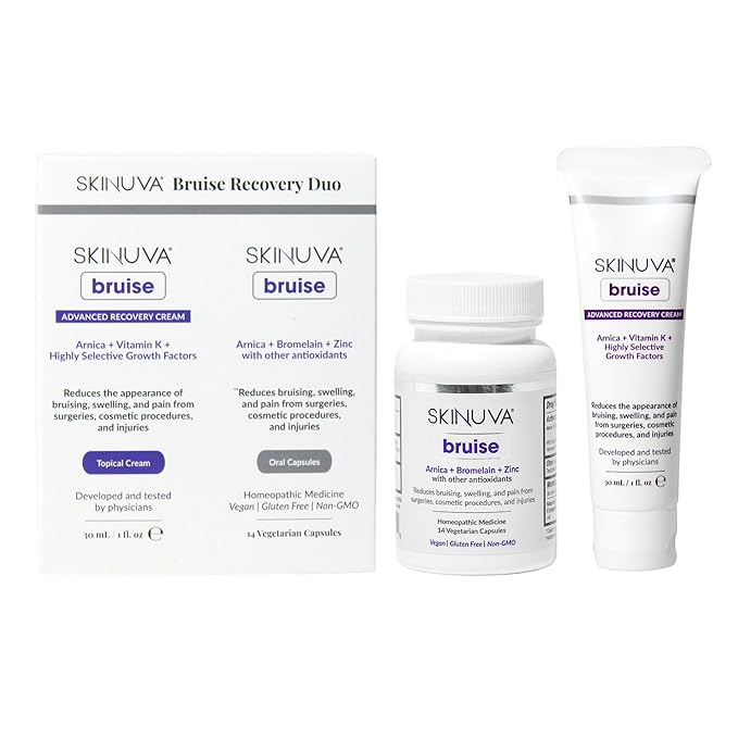 Skinuva® Bruise Recovery Duo: Bruise (14 Capsules) Bromelain Supplement + Advanced Recovery Cream (1 oz) Arnica &amp Vitamin K Topical Cream for Swelling &amp Irritation