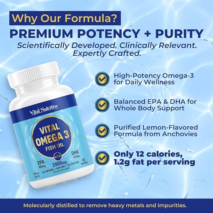 Vital Omega 3 Fish Oil Supplements 2400mg | 864mg EPA &amp 576mg DHA | 1440mg Total Omega-3 Fatty Acids | Promotes Brain &amp Heart Health | Non-GMO Gluten-Free Sugar-Free | Lemon | 60 Day Serving
