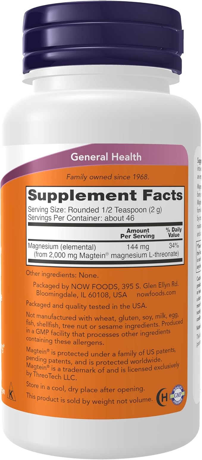 Now Supplements Magtein® with Patented Form of Magnesium (Mg) Cognitive Support* Powder 3.2 oz