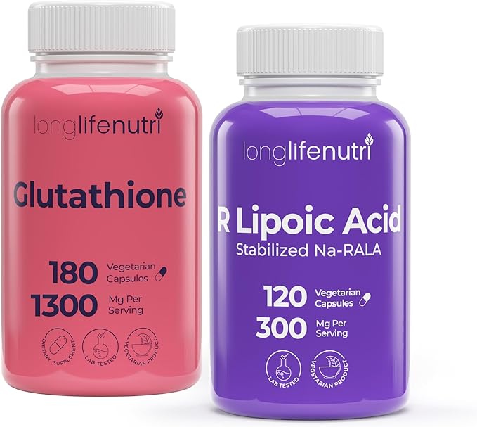 LongLifeNutri Reduced Glutathione 500 mg &amp Stabilized R-Alpha Lipoic Acid 300 mg Bundle – 3–4 Month Supply Natural Antioxidant &amp Cellular Energy Support Non-GMO GMP Certified Made in USA