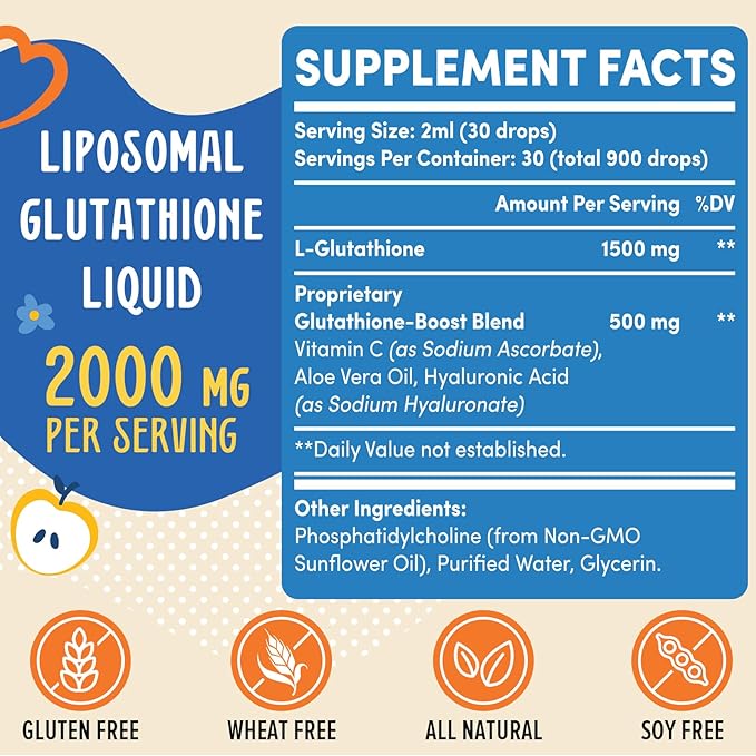 Prunucis 2000MG Liposomal Glutathione Liquid 98% Absorption Active Form L-Glutathione Supplement Vegan Friendly Powerful Antioxidant Complex for Immune System Aging Defense Detox 2 FL.OZ