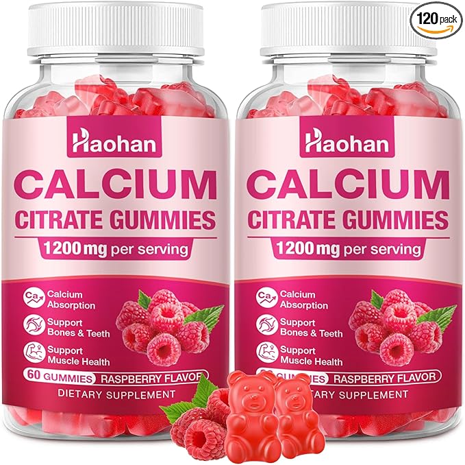 Calcium Citrate Gummies 1200mg - Sugar-Free Chewable Supplement for Women &amp Men with Bone Muscle &amp Immune Support - Raspberry Flavor 120 Count